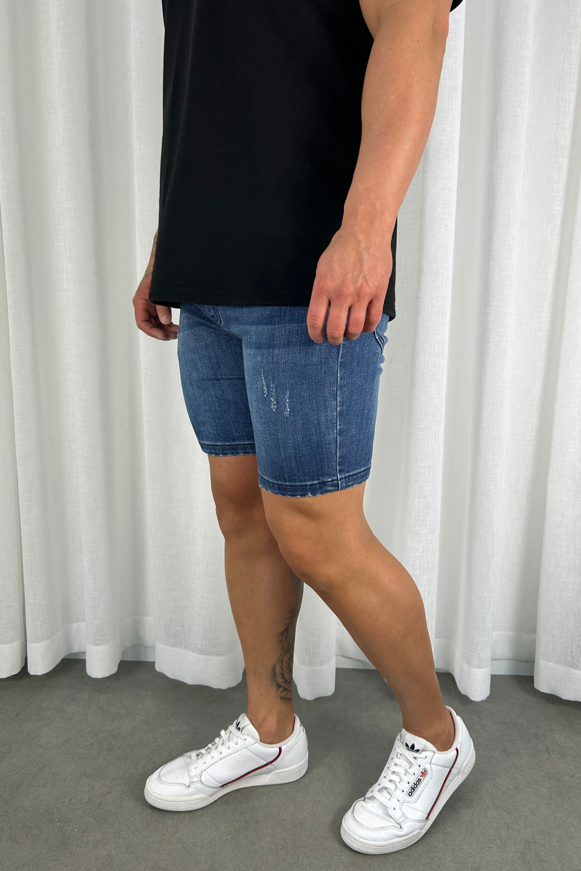 Distressed Skinny Denim Shorts - Dark Blue