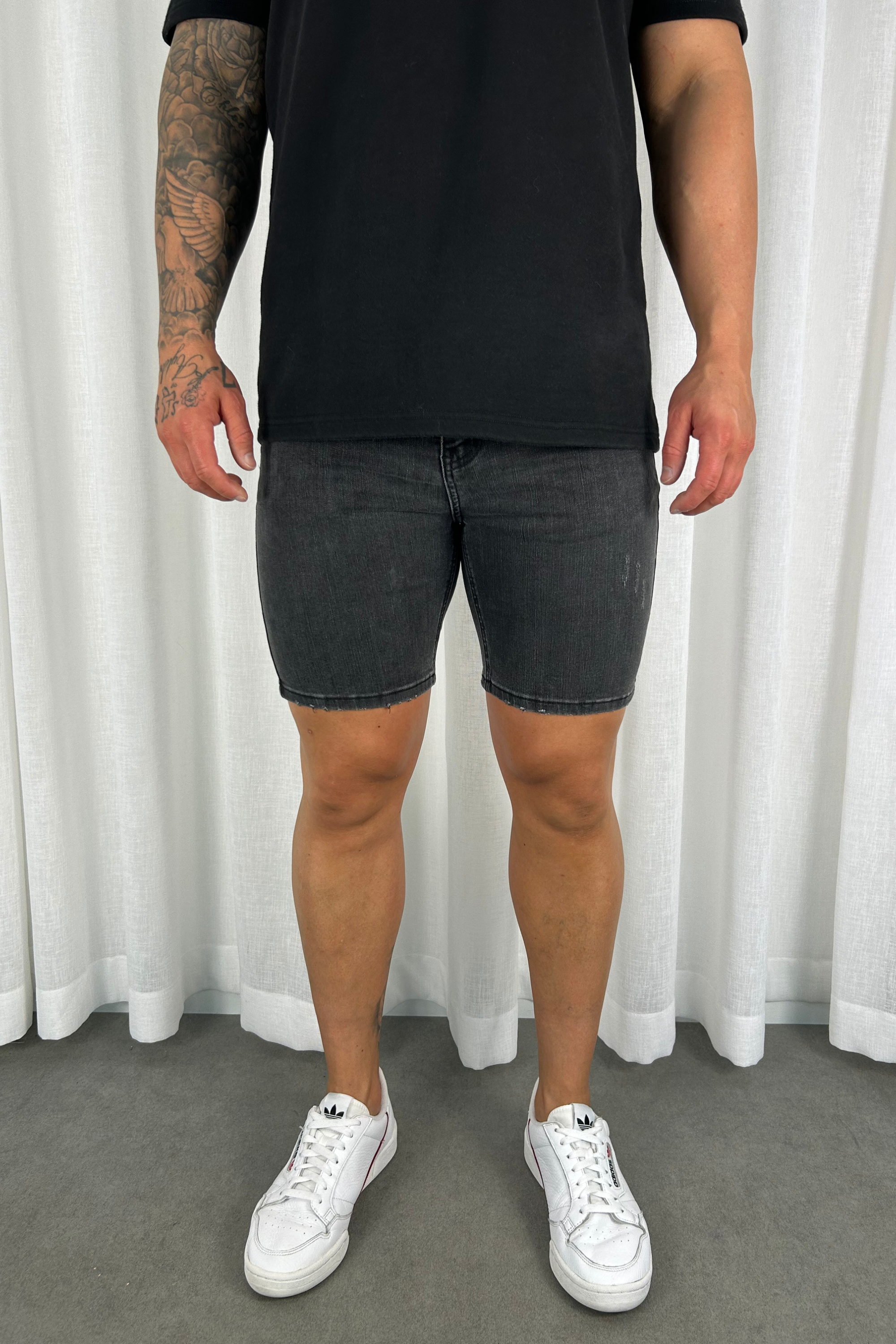 Distressed Skinny Denim Shorts - Charcoal