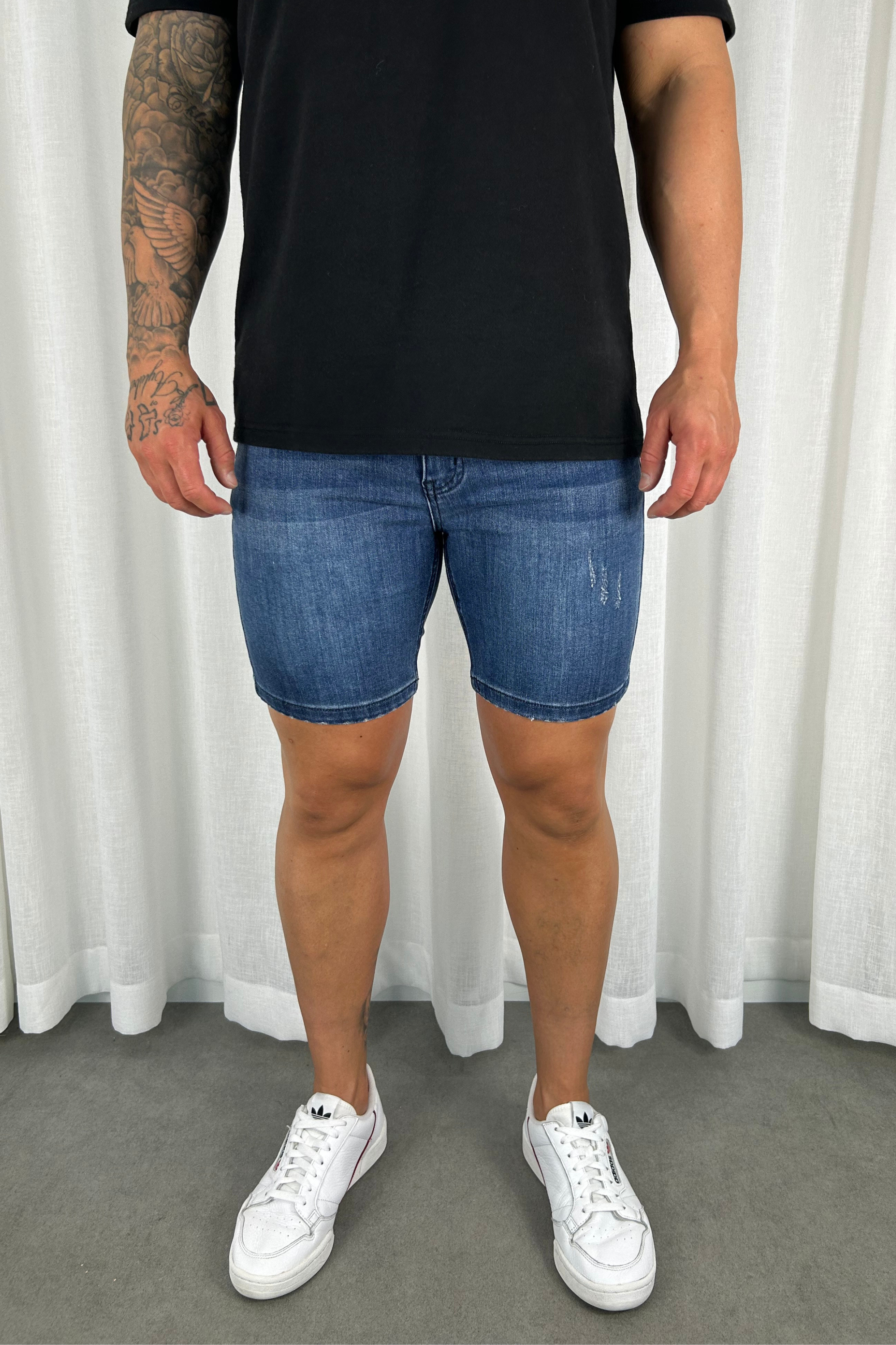 Distressed Skinny Denim Shorts - Dark Blue